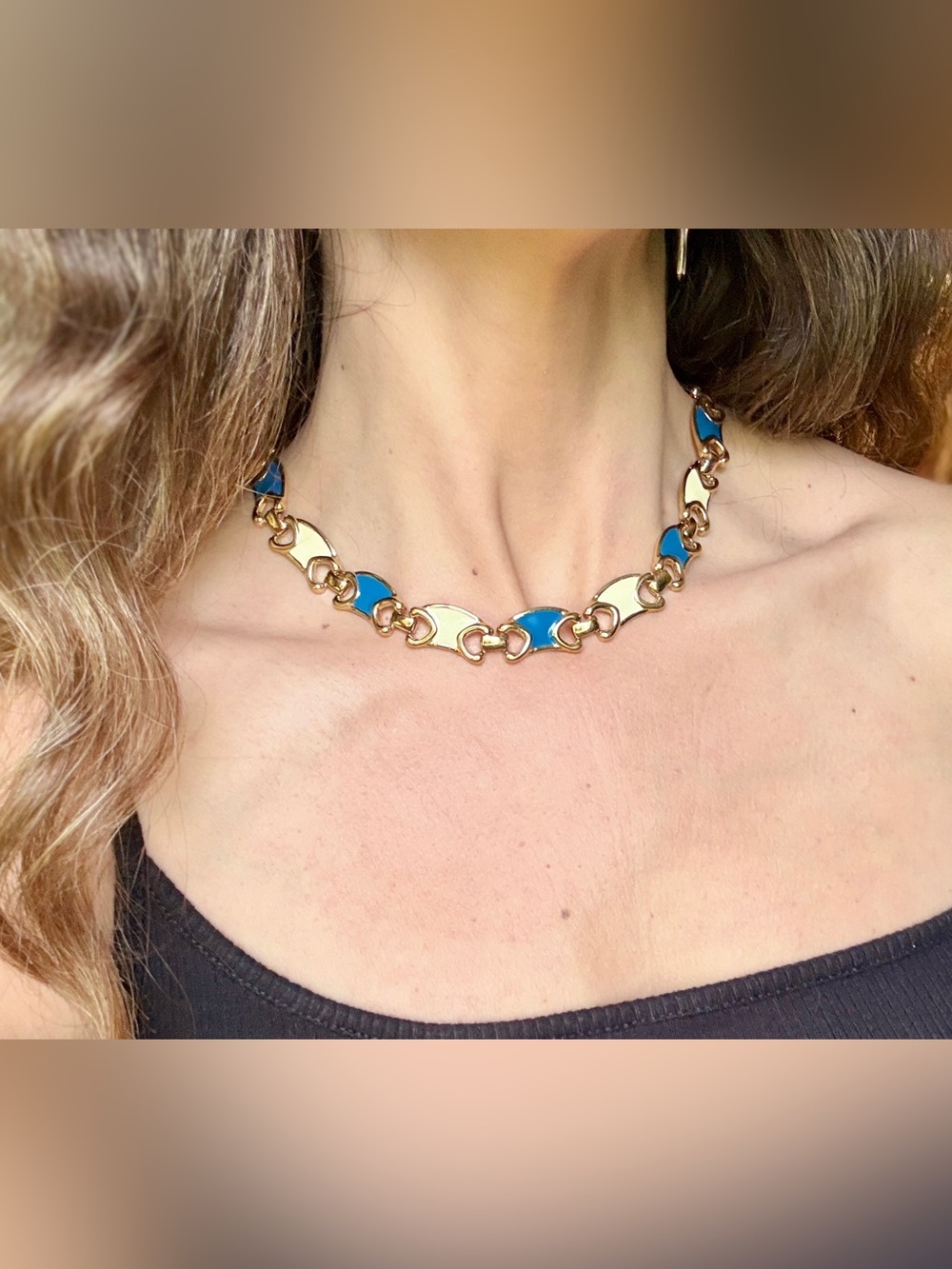 Rare Vintage Signed Monet Gold Tone Blue & Cream Link Collar Necklace NWT